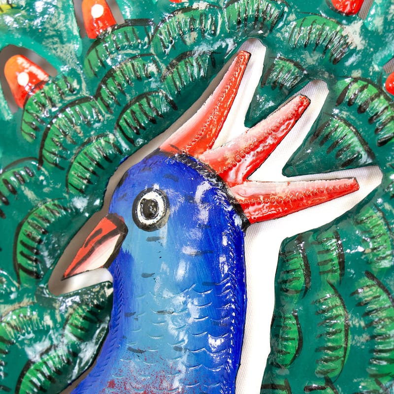 Vibrant Blue Peacock Haitian Metal Drum Wall Art