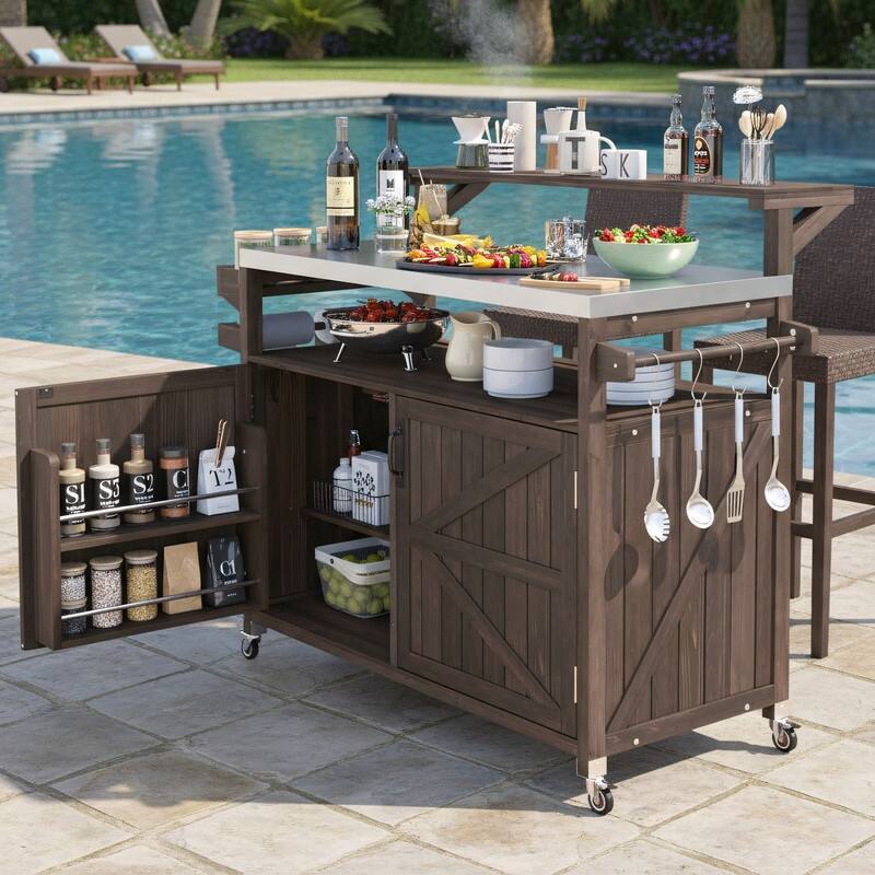 Outdoor Kitchen Island, Solid Wood Storage Cabinet with Stainless Steel Top and Lockable Wheels