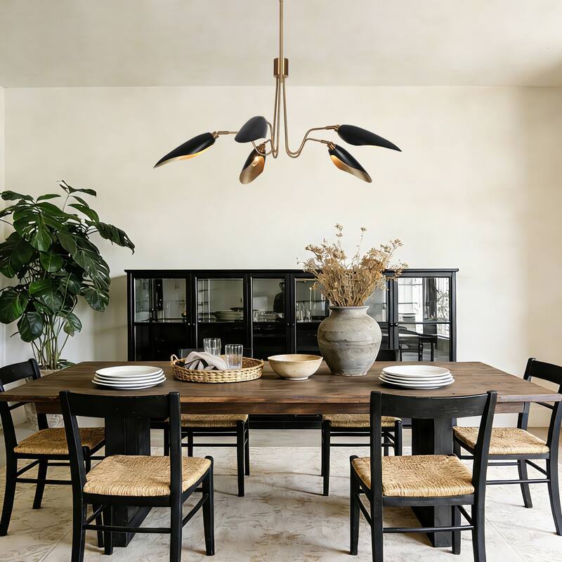 Mid-Century Modern 5-Light Black Gold Chandelier Wheel Pendant Lights with Metal Shades - 40" D x 16.1" H