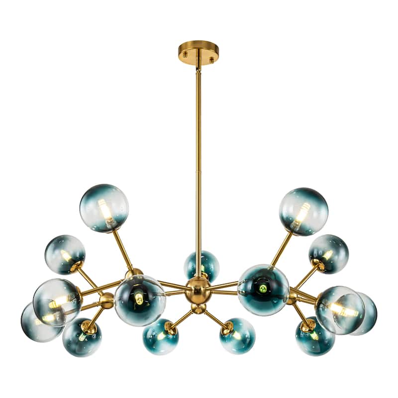 15-Light Modern Glam Linear Sputnik Gradient Blue Glass Globe Bubble Branch Chandelier