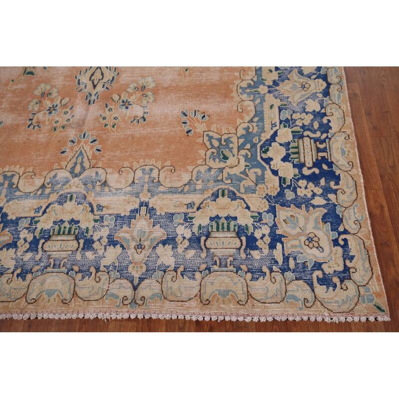 Distressed Kerman Vintage Persian Area Rug Handmade Wool Carpet - 6'4" x 8'11"