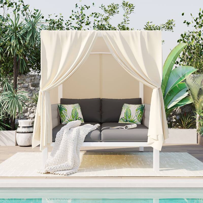 Outdoor Double Daybed Iron Patio Sunbed with Curtains and Removable Cushions
