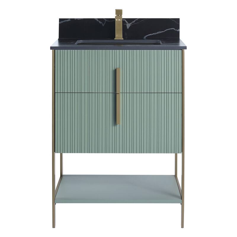 Fine Fixtures Serenity Modern Bathroom Vanity with Black Sintered Stone Top - Mint Green - Brass Hardware - 24 inch