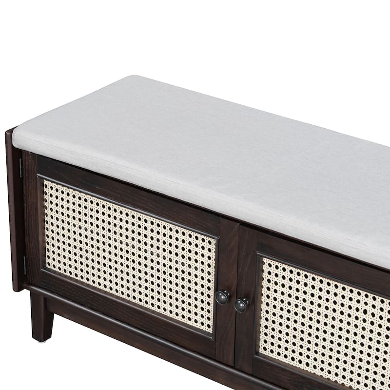 Rattan Entryway Bench with Storage, Cushioned Shoe Bench with Double Doors, Wooden Shoe Organizer Bench for Entryway