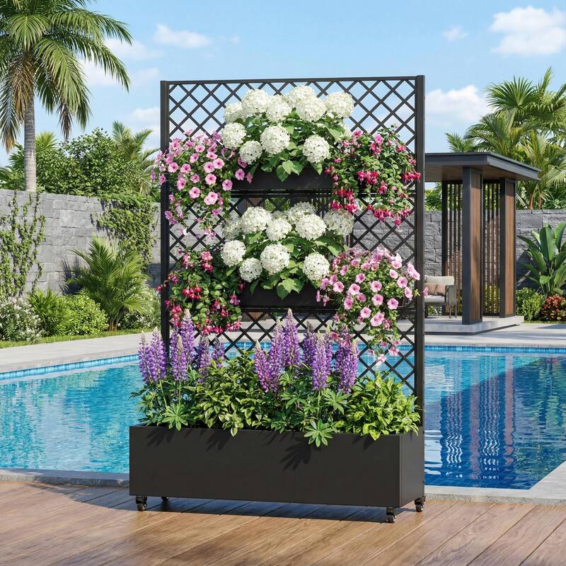 Raised Garden Bed Planter with Trellis Movable Planter Box with Lockable Wheels