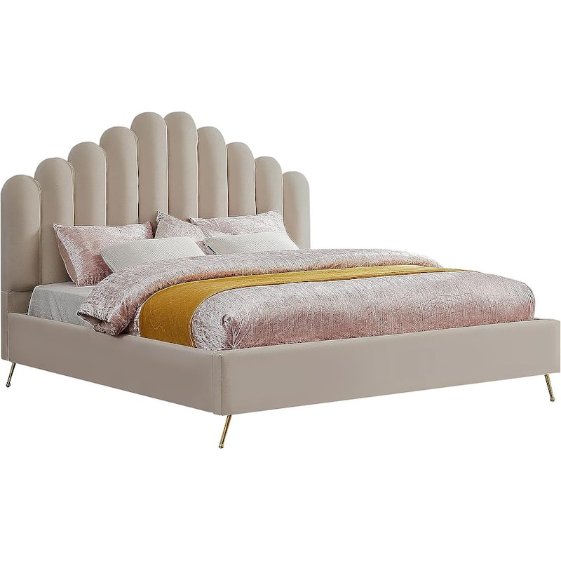 62 in.H Beige Wood Frame King Size Panel Bed with Velvet Upholstery Material and Bed Frame Mounted