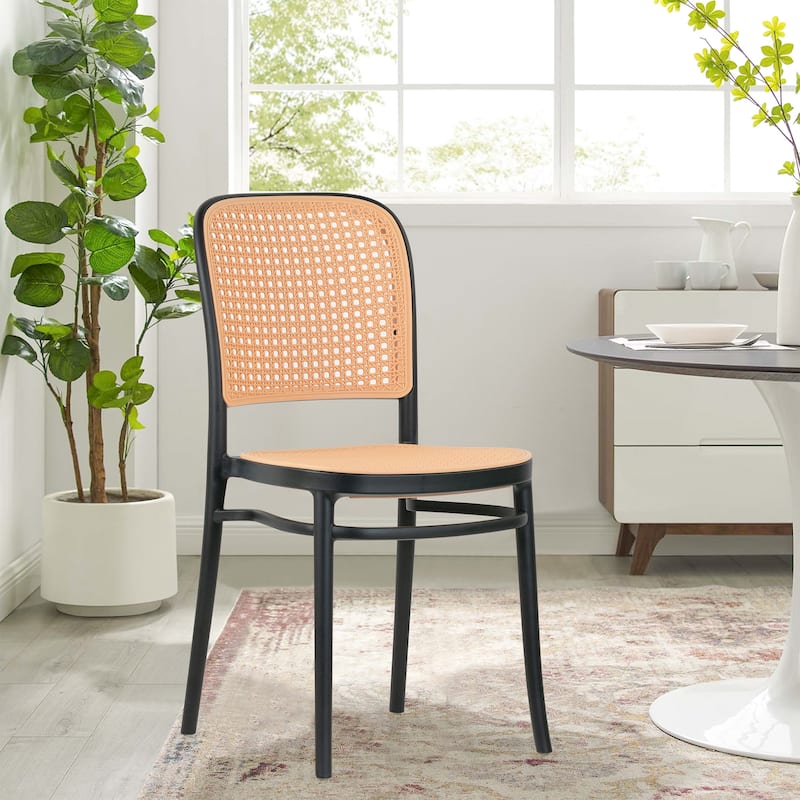 Set of 12 Balto Black Plastic Dining Chair with Rattan Detail