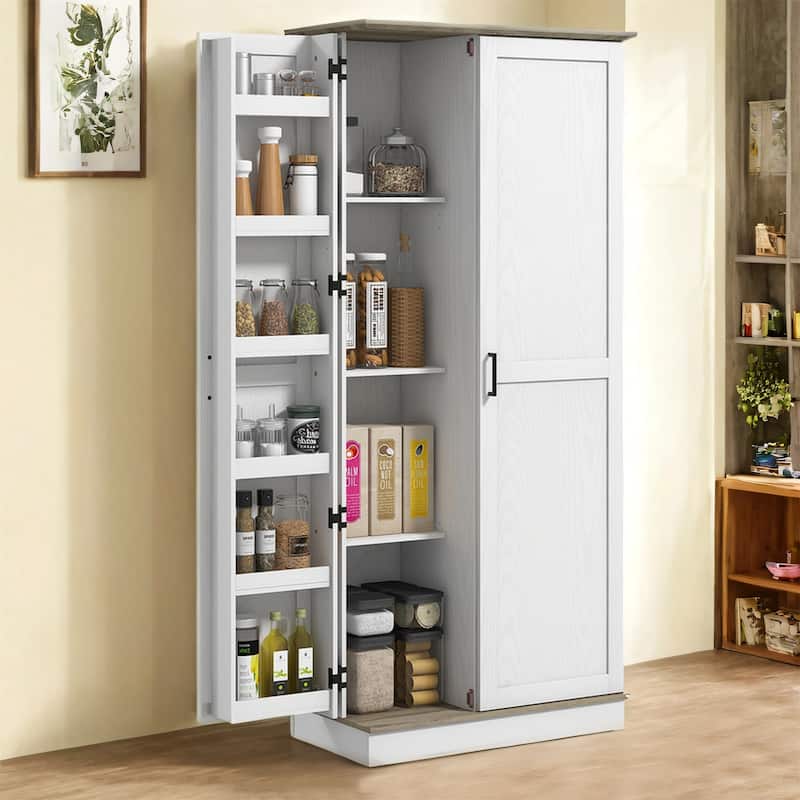 70" Modern Kitchen Pantry Cabinet with Spice Racks and Adjustable Shelves - Cream White