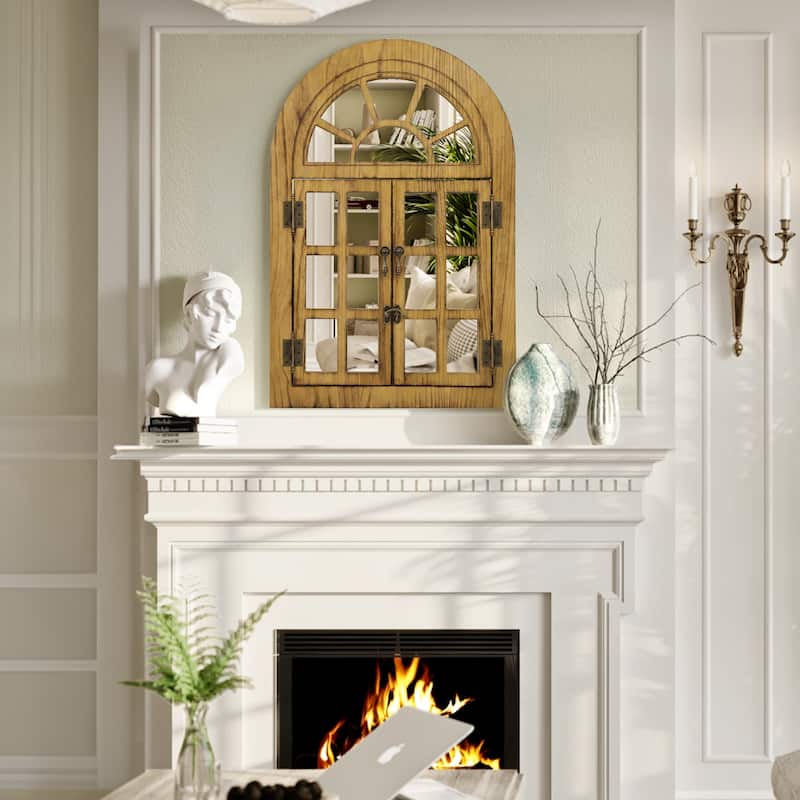 Arched Wood Framed Windowpane Accent Mirror Wall Mirror