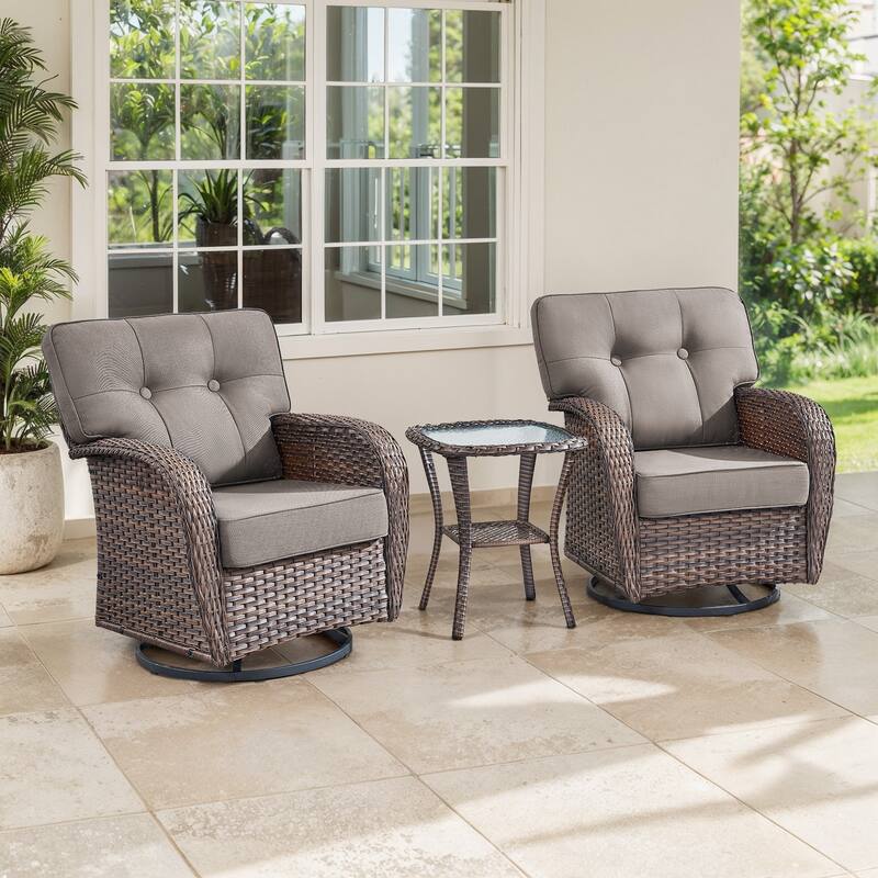 TWrap Brown Wicker Patio 3-Piece Swivel Gliders Conversation Set with 5-Inch Thick Cushions - Brown/Gray - 3-Piece