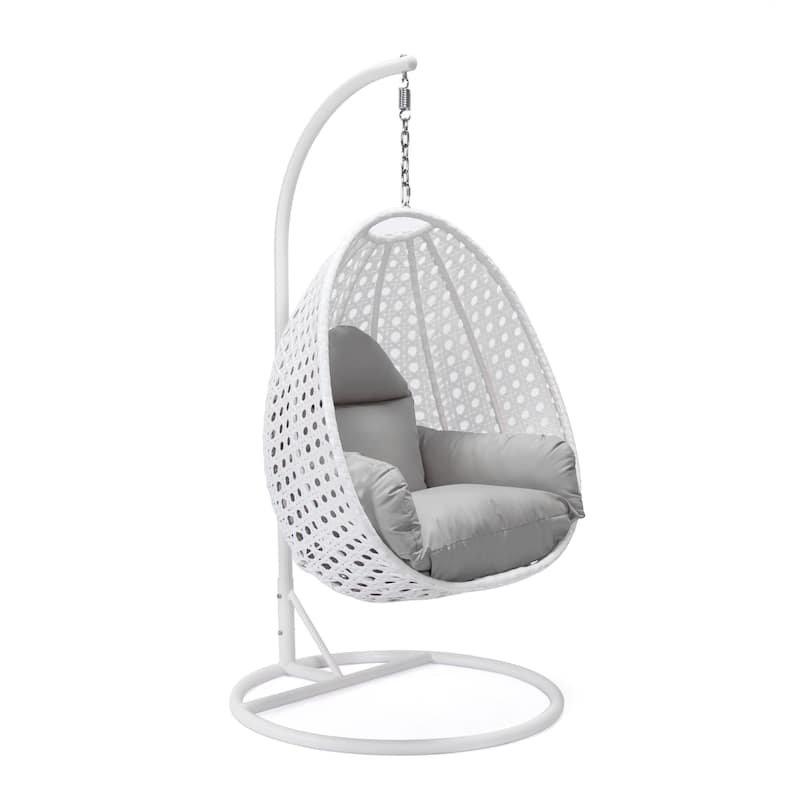 Patio Hanging Egg Swing Chair with White Wicker Shell and Iron Frame for Indoor Outdoor Patio Porch Garden Backyard - Light Grey