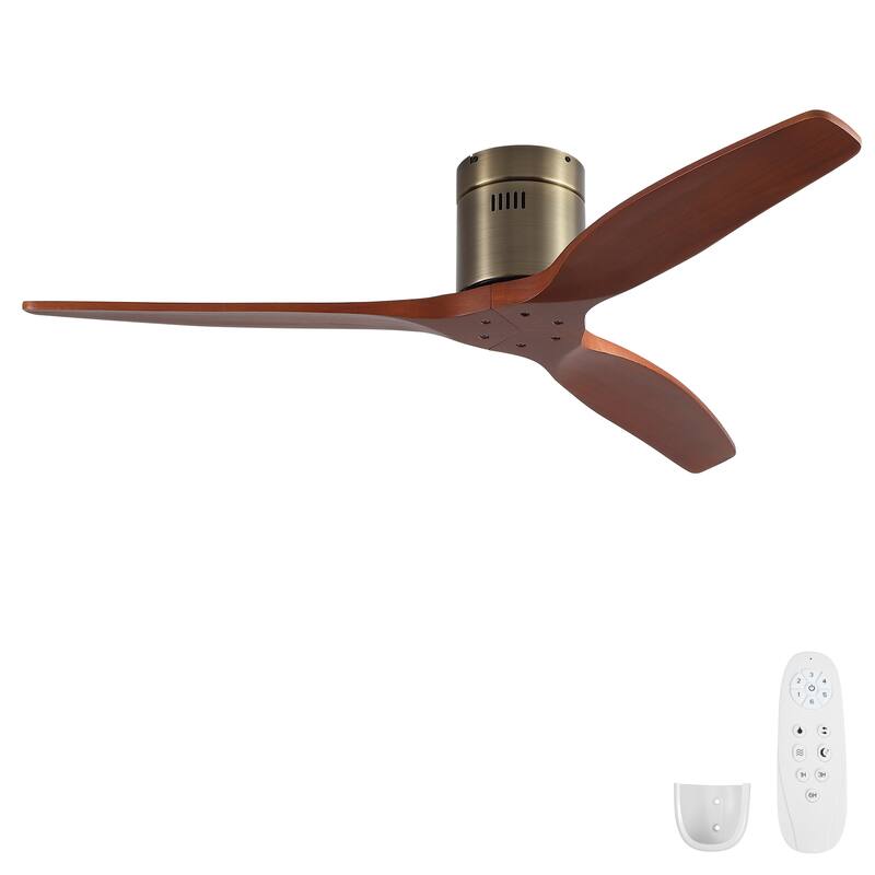 52"Mordern Rustic Elegance Solid Wood Blades Low Profile Flush Mount Ceiling Fan without Light