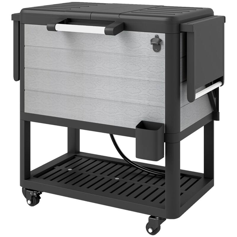 Patio Cooler Cart with Swivel Casters, Folding Lid, Bottle Opener, Towel Rack, Foldable Side Tables - 37" L x 22" W x 33.9" H - White