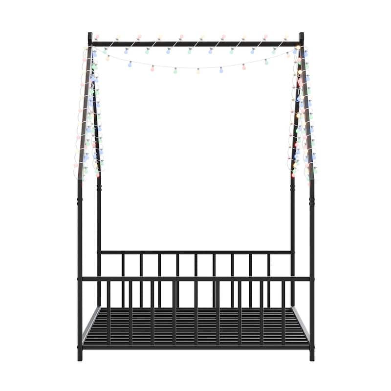 House-shaped Bed Frame, Toddler Kid Iron Floor Bed with House Roof Frame and LED Light Strips, House Daybed