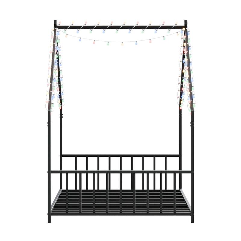 Twin Size LED Iron Bed Frame for Kids with Roof Design, Black, 78.5x40.9x58.4 Inches