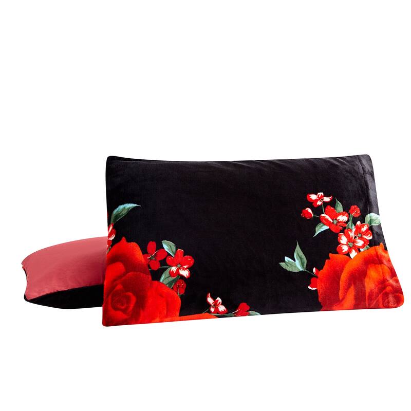 3-Piece Floral Printed Sherpa-Backing Reversible Comforter Set