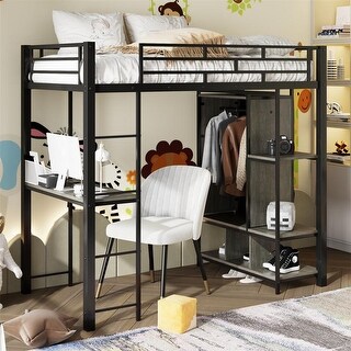 Metal Loft Bed with Built-in Wardrobe and Storage Shelves, Twin Size Loft Bedframe with Bulit-in Desk and Hanging Rod for Kids