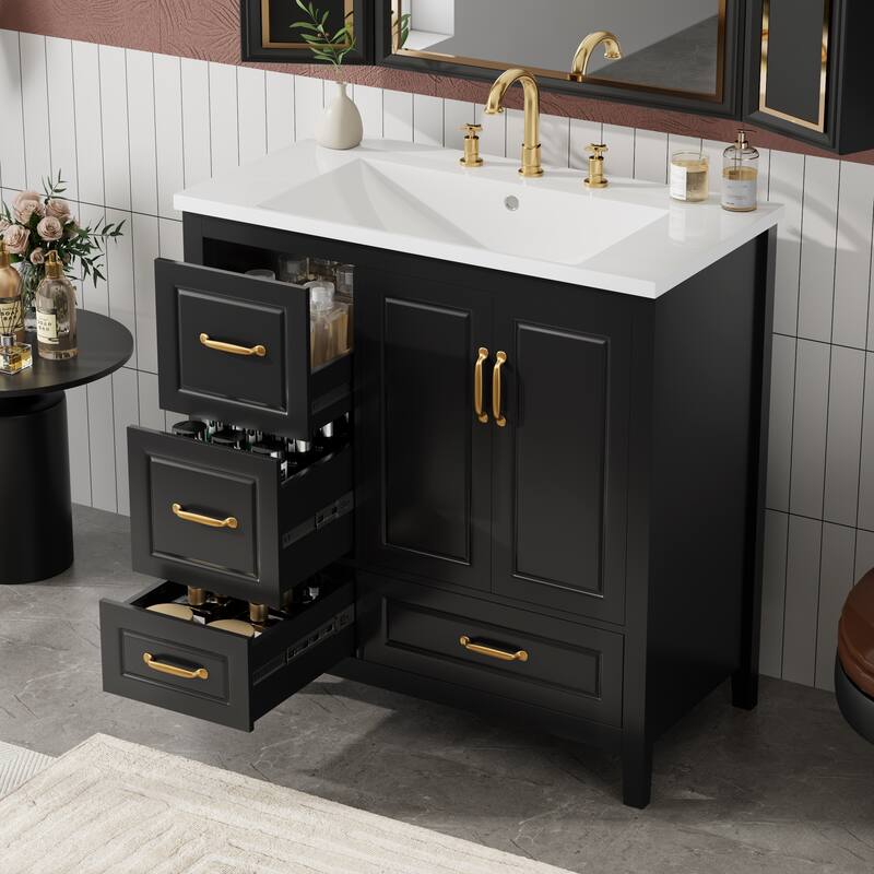 36 Inch Bathroom Vanity With Sink, One Cabinet With Soft-Closing Doors, 4 Soft-Closing Drawers, Metal Handles