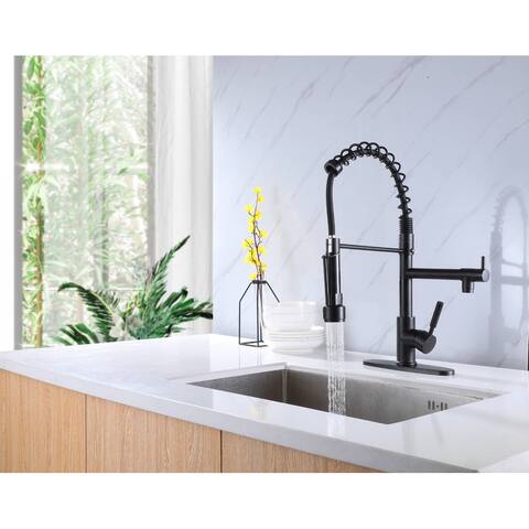 matte black high arc kitchen sink faucet pull down metal sprayer with deck plate and lock ring - 7'9" x 10'10"