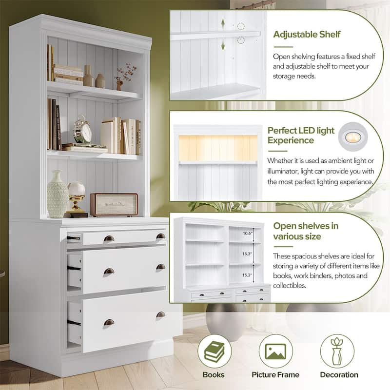 Merax 83.4"Tall Bookshelf Suite,Modern Bookcase Suite with LED Lighting, Drawers and Open Shelves