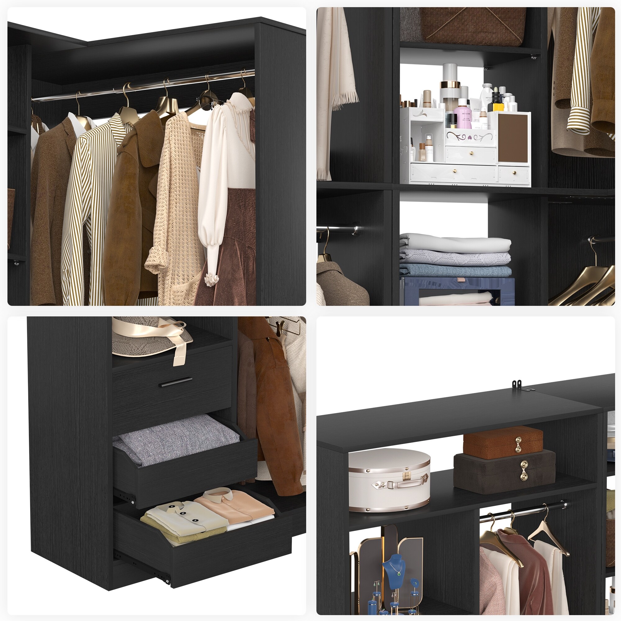Qvella Set of 2 Corner Closet System with Drawers and Hanging Rods