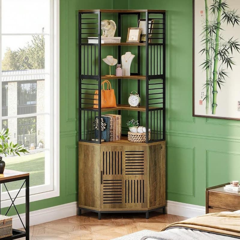 Brown Corner Storage Cabinet 5 Shelf Tall Vertical Organizer MDF Metal Frame Living Room Office Display Shelf
