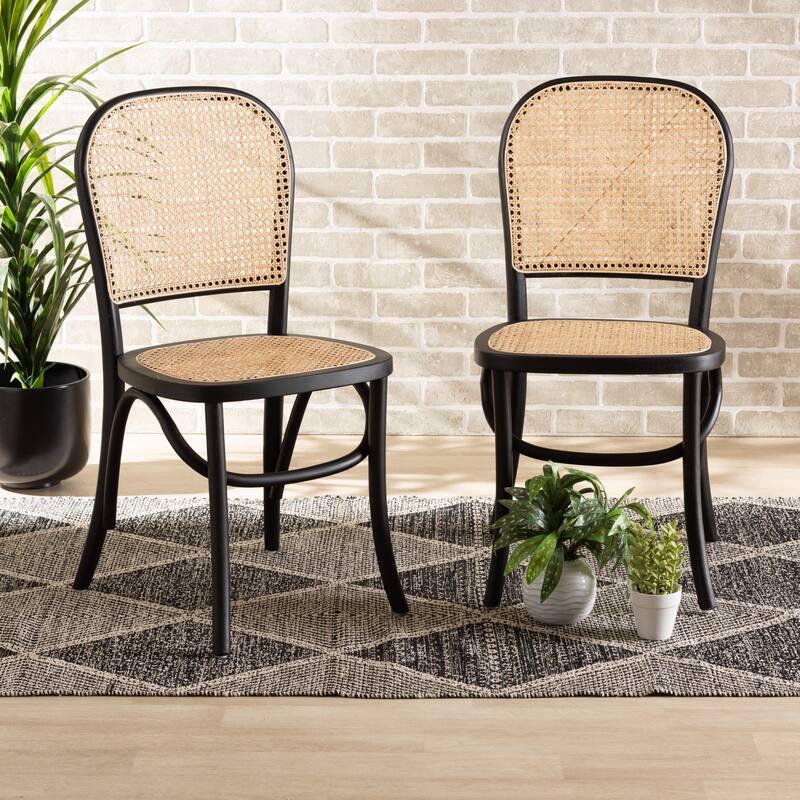 Cambree Mid-Century Modern Woven Rattan and Wood Dining Chair Set(2PC)