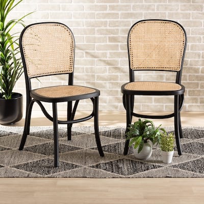 Cambree Mid-Century Modern Woven Rattan and Wood Dining Chair Set(2PC)