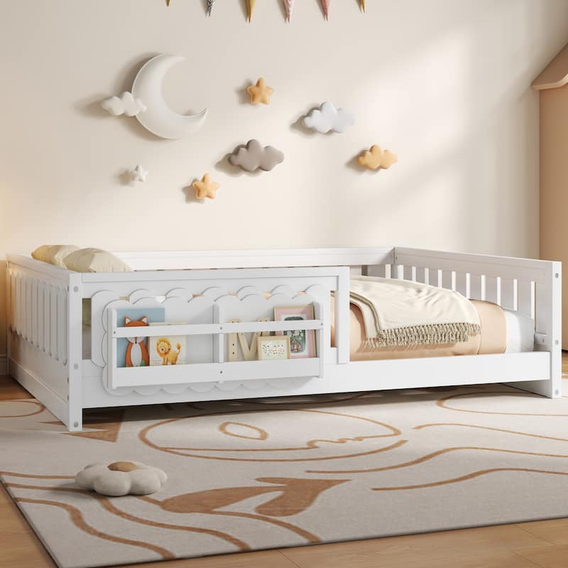 GDFStudio - Modern Wooden Full Size Platform Bed with Guardrail and Storage Shelves