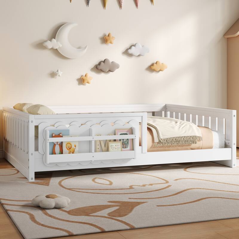 Roomfitters Full Size Wood Platform Bed with Guardrail and 2 Bookshelves