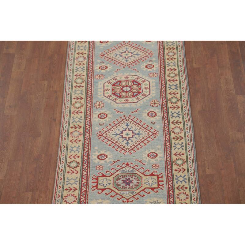 Blue Kazak Runner Rug Handmade Oriental Wool Carpet - 2'8" x 15'8"
