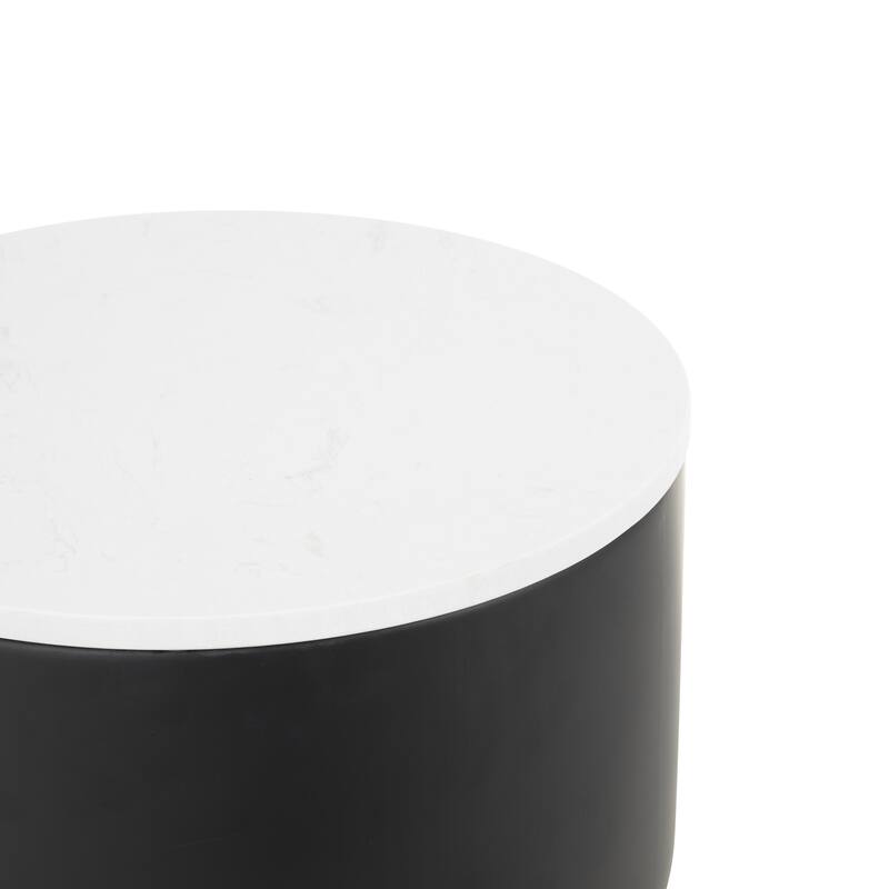 Black Metal Ribbed Side End Accent Table with White Marble Tabletop