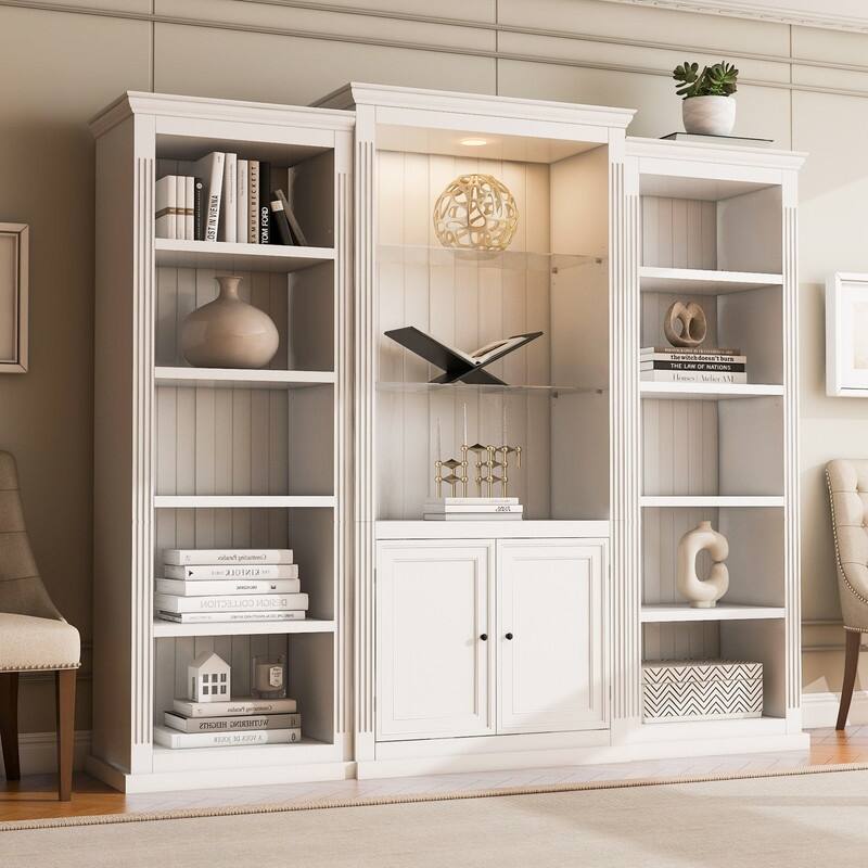 Farmhouse 3-Piece 78.75"Tall Bookcase Cabinet with and 4-Tier Display Shelf Adjustable LED Lighting