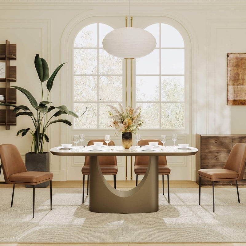 Spruce & Spring Modern Ceramic Top Dining Table with Sculptural Metal Base