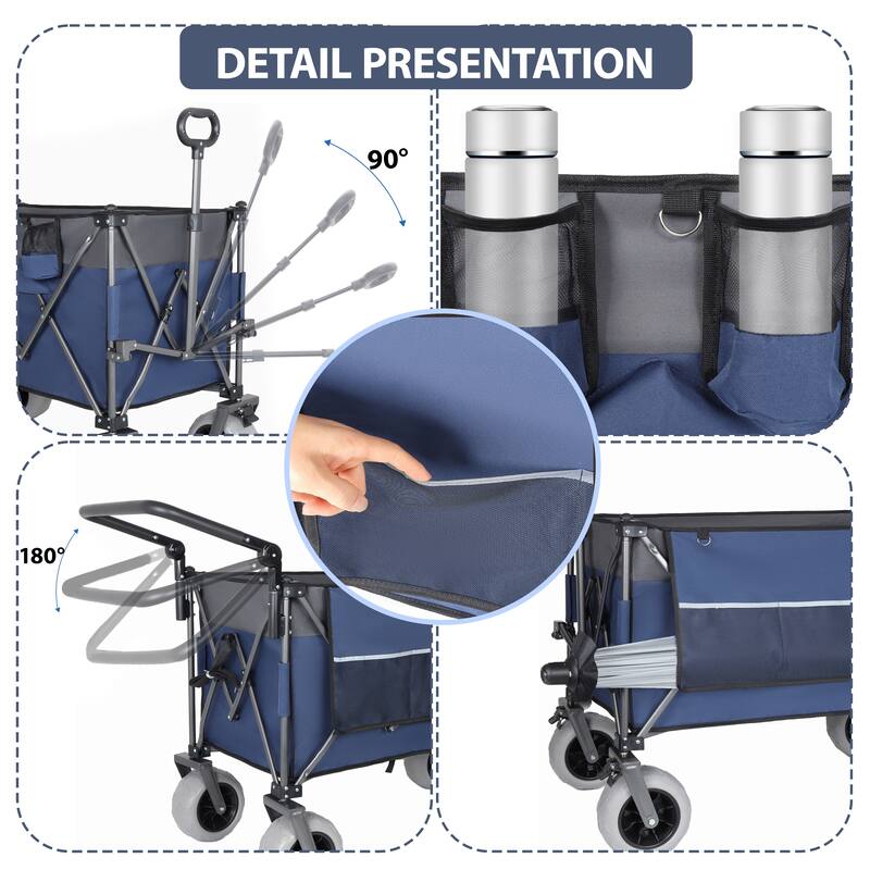 Multi-Functional Push-Pull Folding Wagon Cart with Rotating Handle & 9"x4" Beach Tires for Camping & Beach -300L XL Heavy-Duty