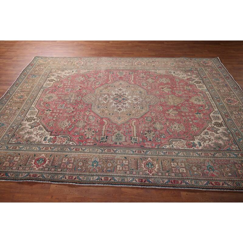Pink Geometric Tabriz Persian Vintage Rug Hand-Knotted Wool Carpet - 6'7"x 9'8"