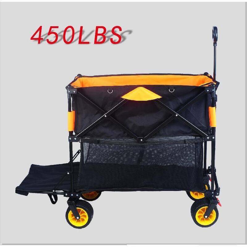Big large capacity Folding cart Extra Long Extender Wagon Cart Folding Wagon Garden Shopping Beach Cart (black +orange)
