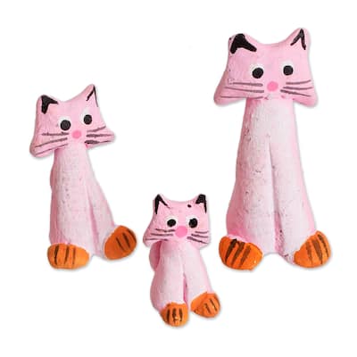 Novica Handmade Perky Pink Pussycats Ceramic Figurines (Set Of 3)