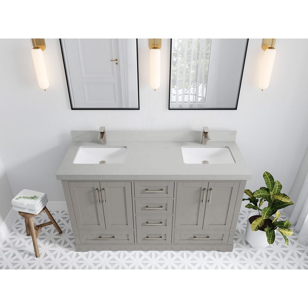Willow Collection 60 in W x 22 in D x 36 in H Boston Double Bowl Sink Bathroom Vanity with Countertop