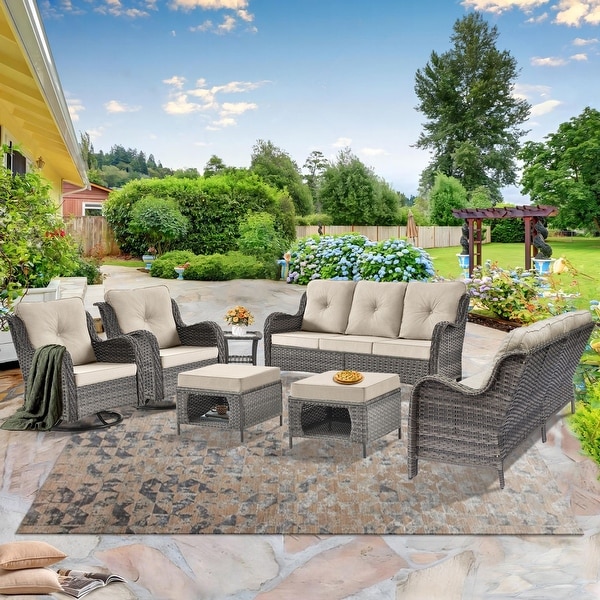 Outdoor Wicker Patio Furniture Conversation Set with Swivel Rocking Chairs and Storage Ottoman Optional Cushions Included On Sale Bed Bath Beyond 40292895