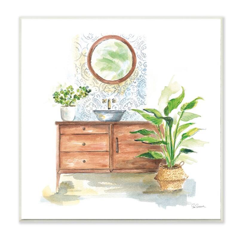 Stupell Home Interior Bathroom Vanity Cabinets Blue Brown Painting,12 x 12, Wood Wall Art - 12 x 12