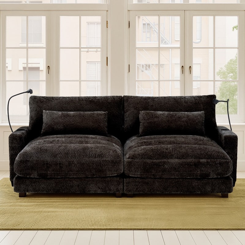 Chaise Lounge Chair Upholstered Modular Sofa with Cup & Phone Holders - Black