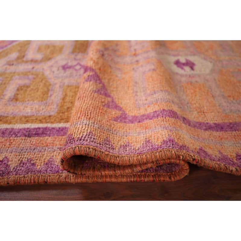 Geometric Oushak Oriental Vintage Runner Rug Hand-Knotted Wool Carpet - 3'6"x 10'4"