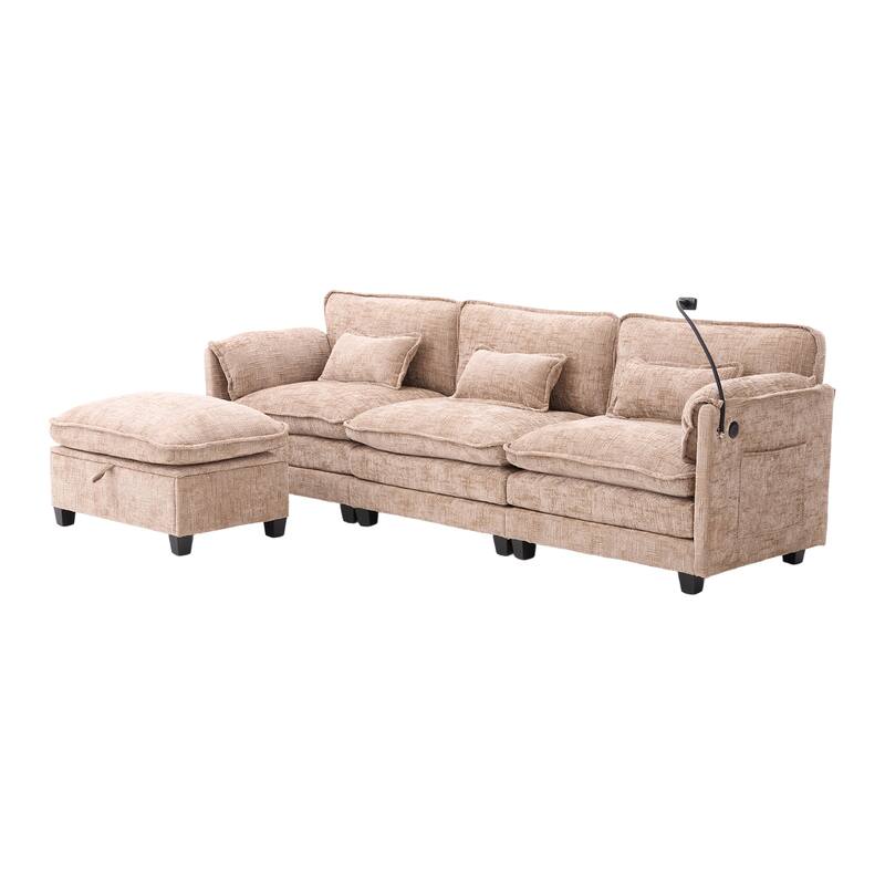 Modern Chenille Chaise Couch L-shaped Sectional Sofa with Storage Ottoman, Phone Holder, USB/Type-C Ports and Side Pockets