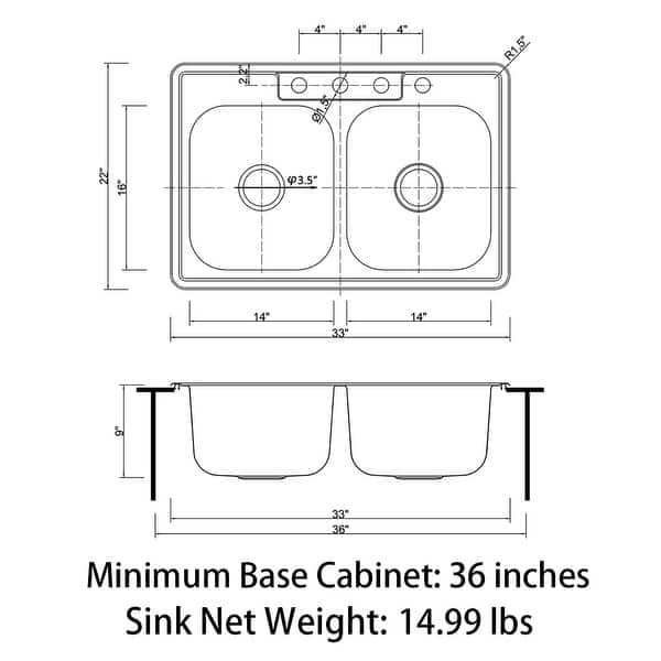 dimension image slide 4 of 8, Sinber Drop in Double Bowl 304 Stainless Steel Kitchen Sink