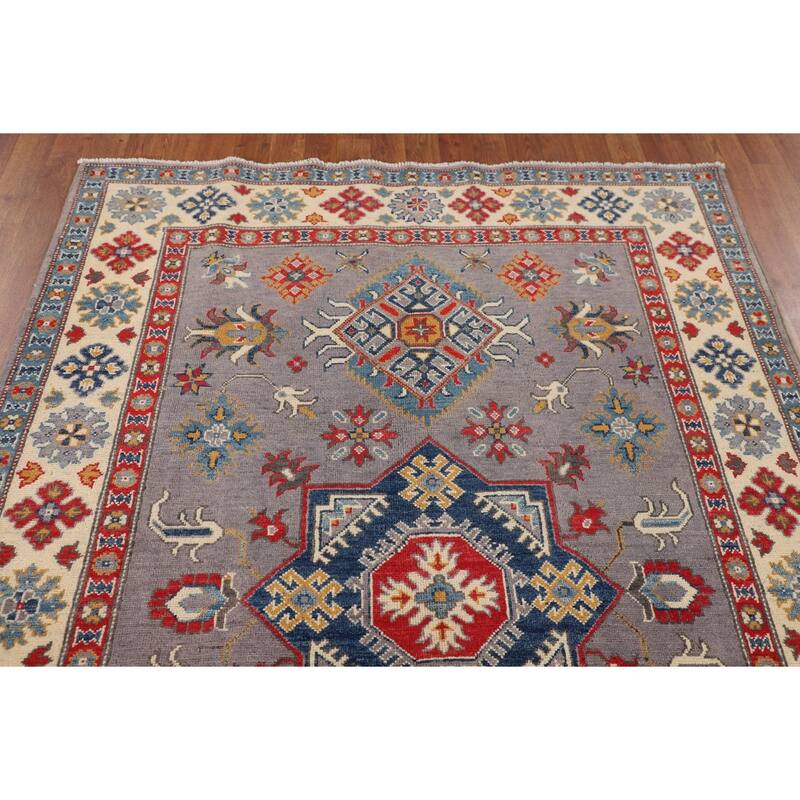 Gray Traditional / Geometric Kazak Rug Hand-Knotted Wool Carpet - 4'11" x 7'2"