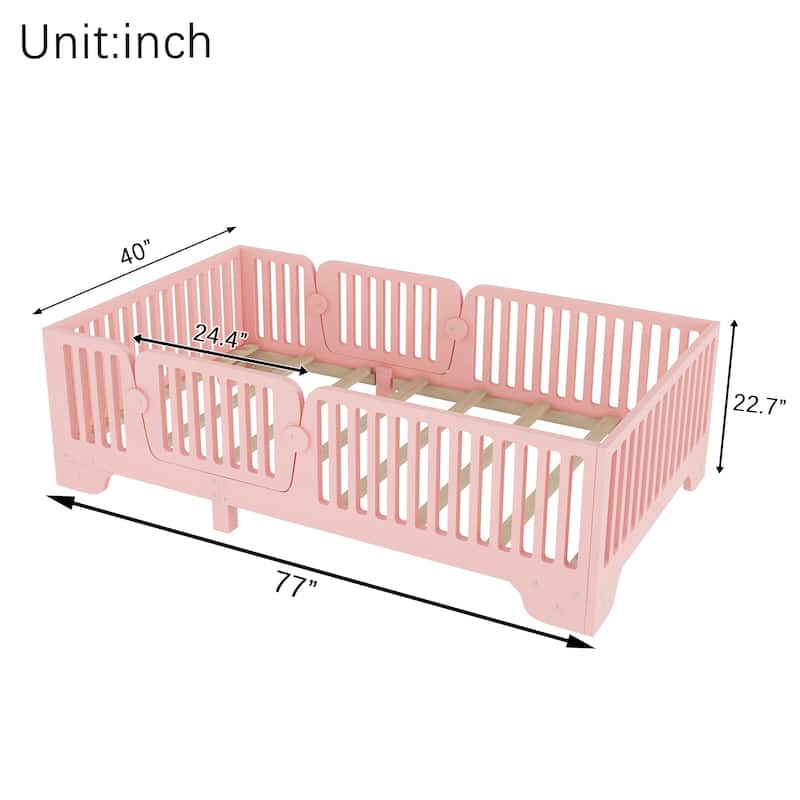 Full/Twin Montessori Floor Bed with Slats, Fence and Door, No Box Spring Needed