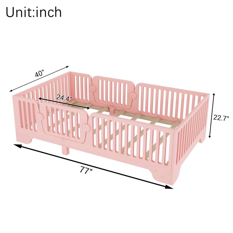 Montessori Floor Bed with Detachable Door, No Box Spring Needed, Kids Platform Bed with Slats and Fence