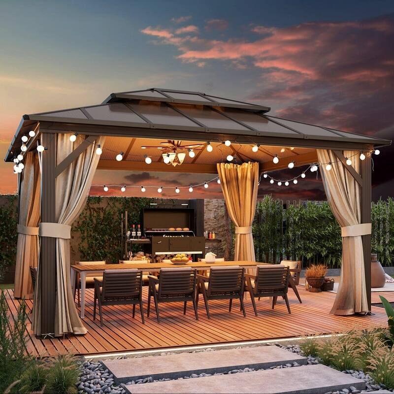 Erommy Premium Wood Gazebo with Double Hardtop Roof, Durable, Elegant Outdoor Pergola for Backyard & Patio - 12'x14' - Aluminum Frame