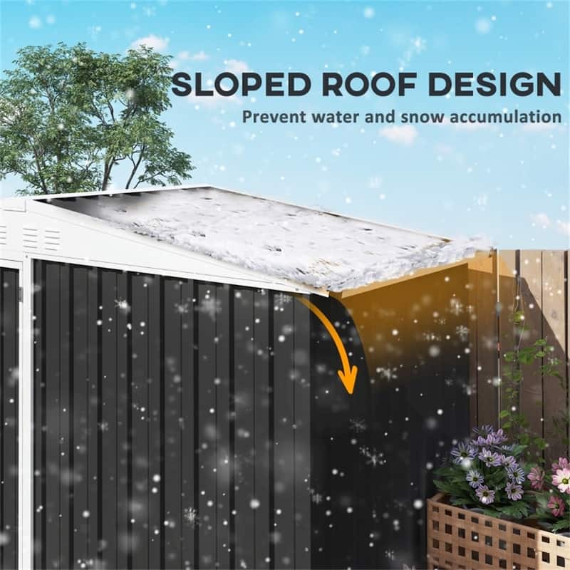 Outdoor Tool Shed 7x4 ft with Two-Tier Storage Rack and Sloped Roof - 96.5" W x 46.1" D x 63.4"/70.9" H